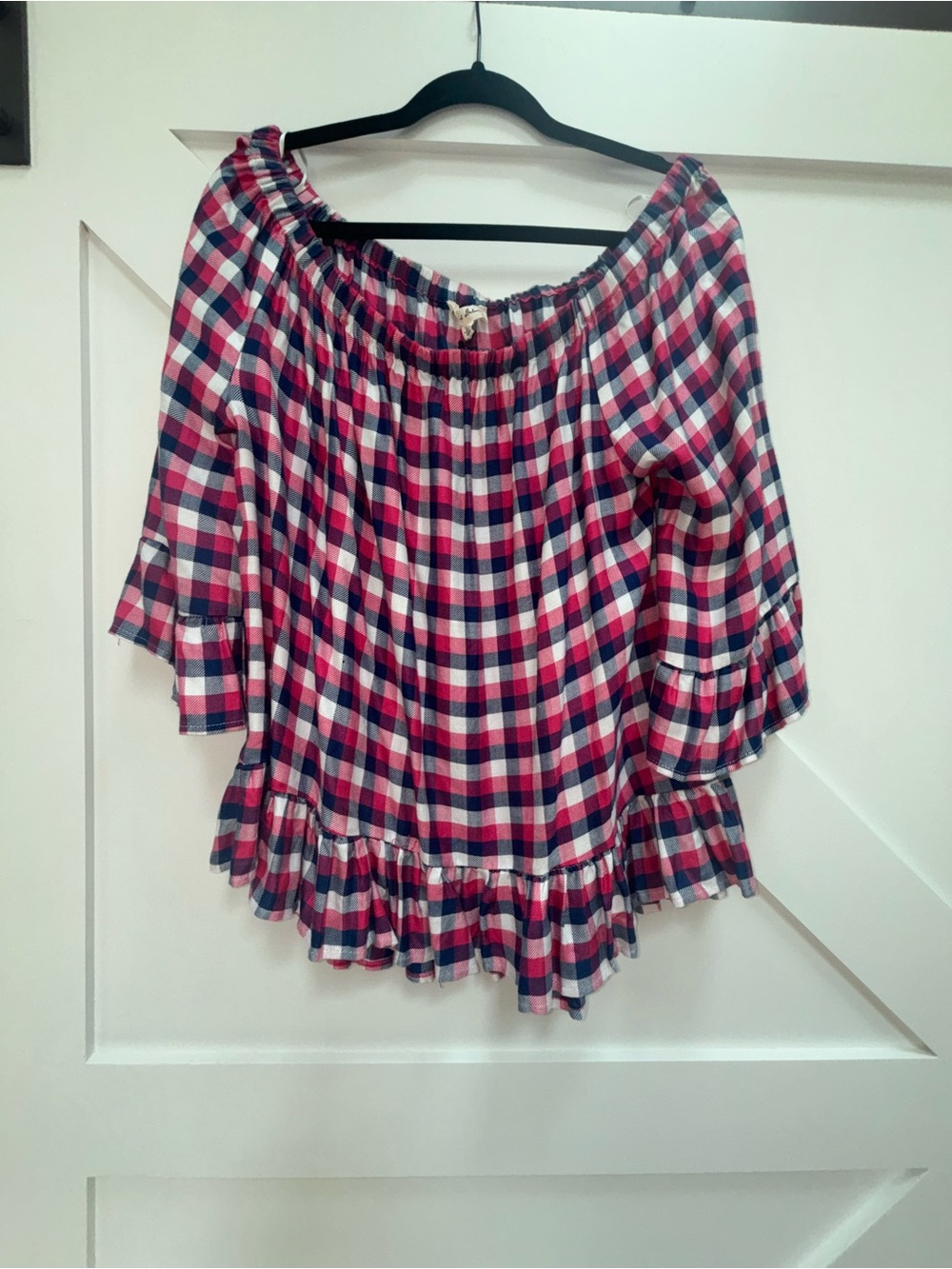 Jane and Delancey Red, Navy & White Off-Shoulder Plaid Peasant Blouse